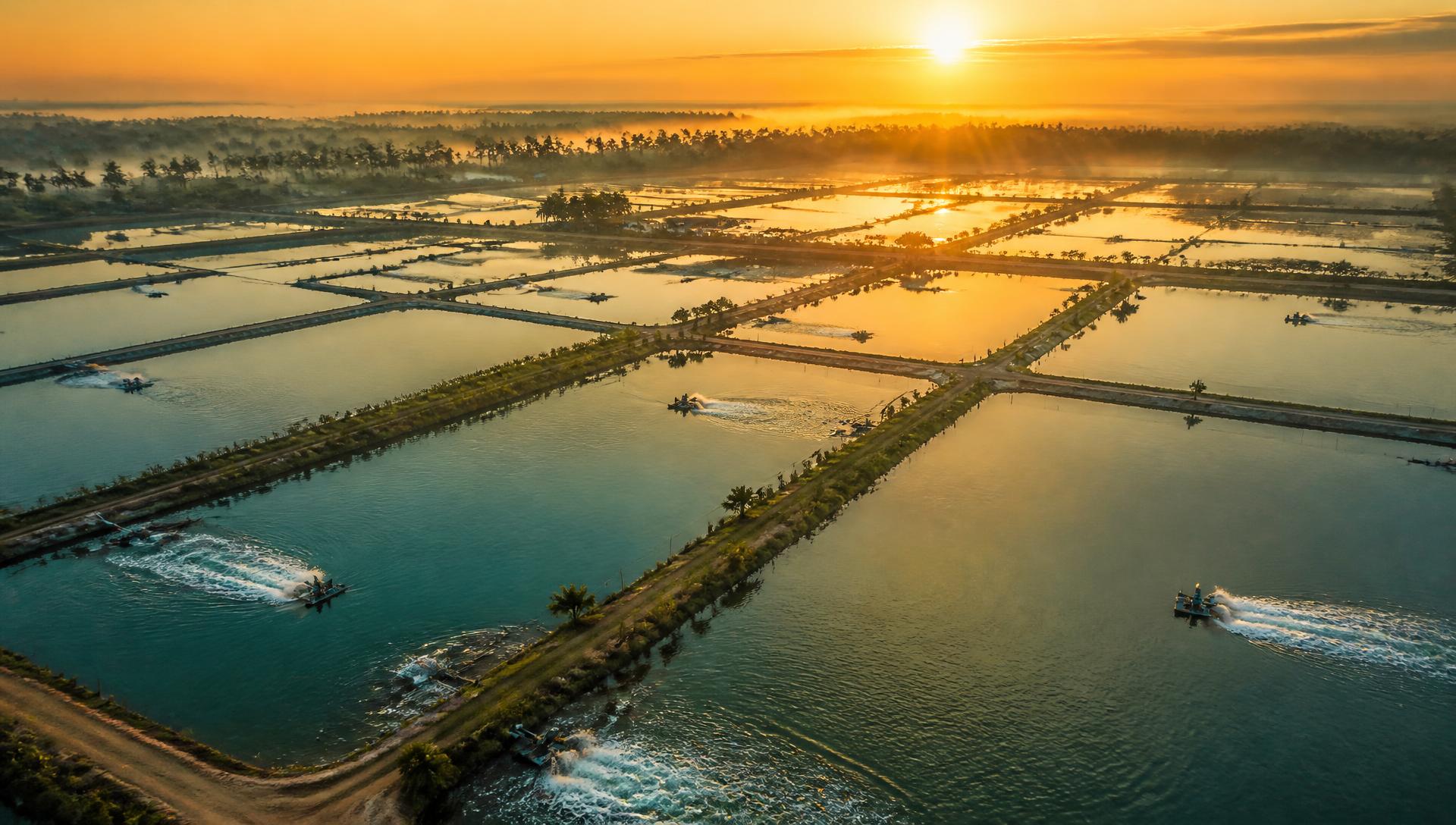 Aerial view of aquaculture ponds at sunrise