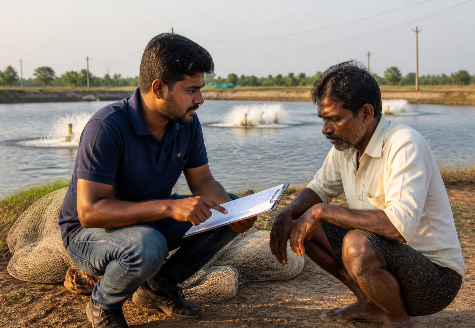 Aquaculture technician testing pond water at a shrimp farm